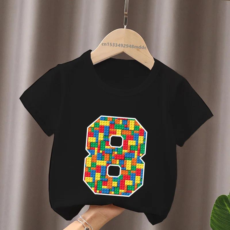 Cartoon Building Blocks Bricks Print Kids TShirt Number Tees for Boys And Girls Funny Birthday Baby Top 29 Years