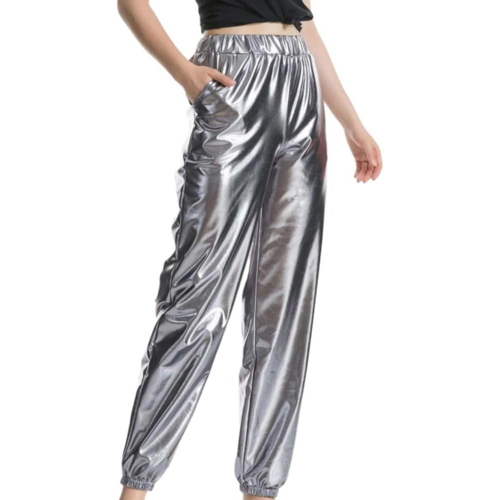 Glänzende, holografische, dehnbare, metallische Jogginghose für Damen, hohe Taille, Sweatpant, Hip-Hop-Club, Rave-Hose