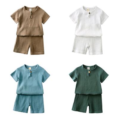 Children's Clothing Boys' and Girls' Short-sleeved  Children's Cotton-linen Button-down Short-sleeved T-shirts and Shorts Lightweight Two-piece Sets