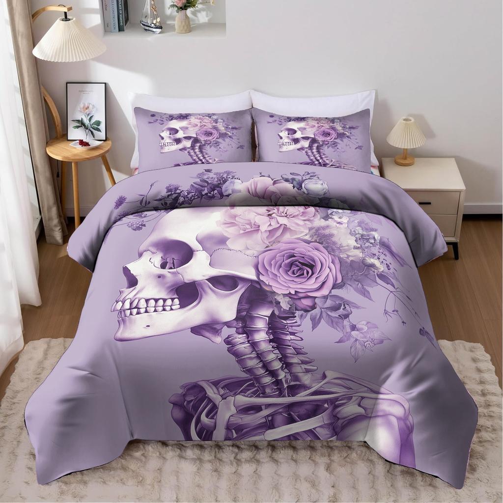 3Pcs Duvet Cover Set Without Core 1 Quilt Cover + 2 Pillowcases Soft And Machine Washable Purple Skull Floral Print Bedding Set