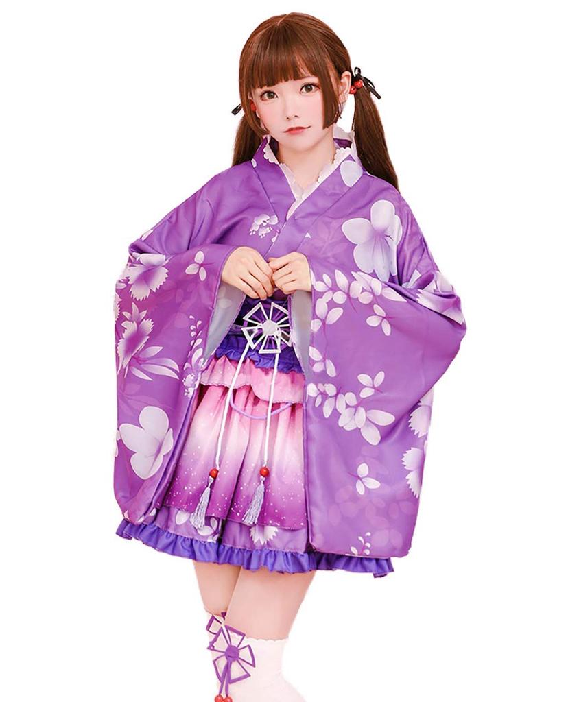 Milky Time Yukata, Japanese Style Miniskirt, Cute Cosplay Halloween Costume Set, Summer Festival, Oiran (Purple)