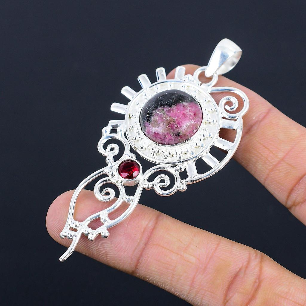 925 Sterling Silver Natural Rhodonite Mozambique Garnet Bezel Pendant Jewelry
