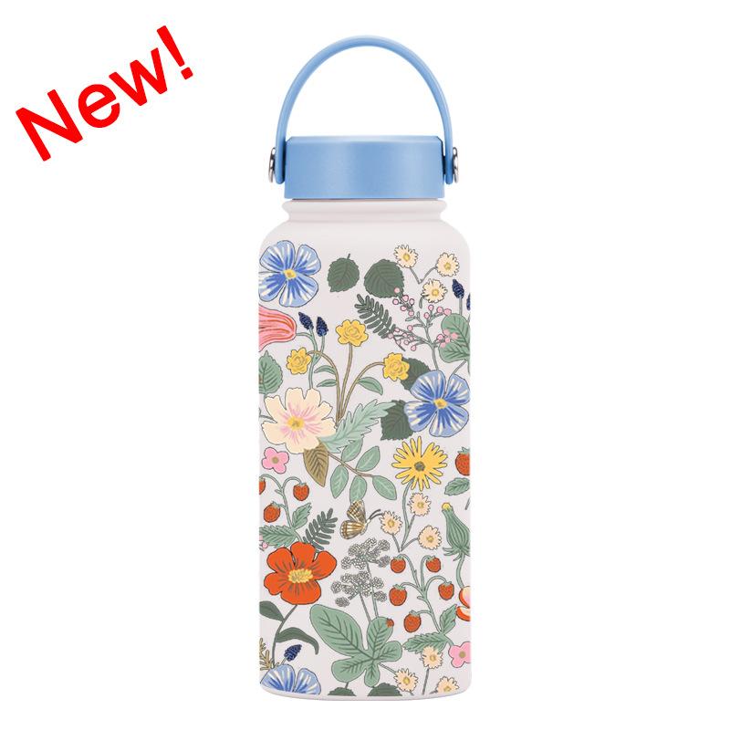 1L Thermos Cup Large Capacity Wide Mouth Portable Vacuum Sports Kettle Outdoor Printing Water Cup Female