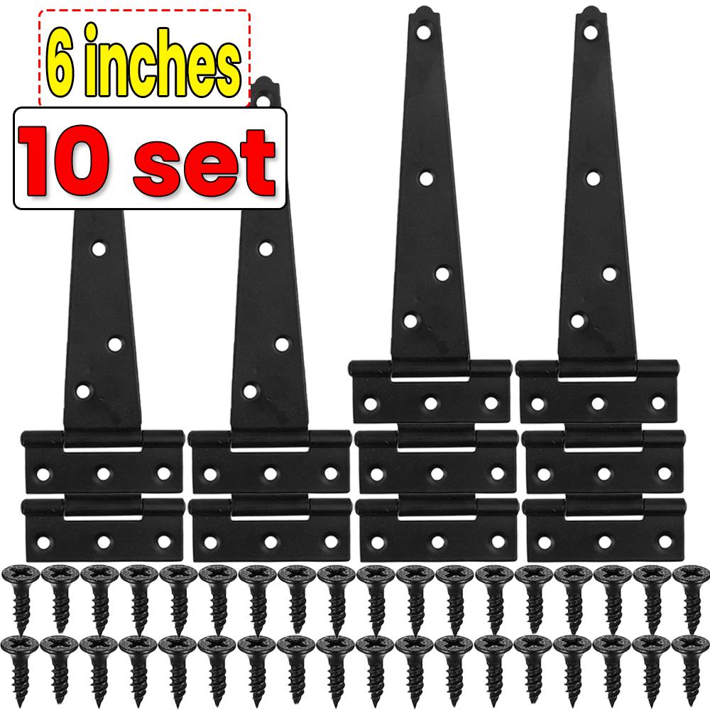3/4/6 Inch Black T-Strap Hinges Rustic Gate Strap Hinge Rustproof Gate Door Black Hinges for Windows, Fence and Barn Gates