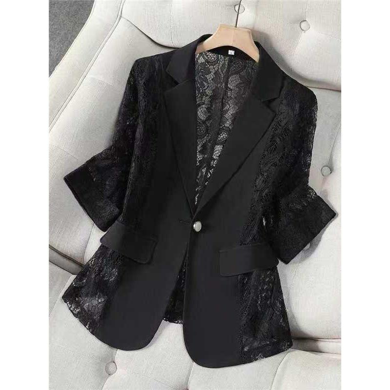 Women's Notched Lapel 3/4 Sleeve Lace Patchwork Blazer Regular Fit Elegant Office Jacket