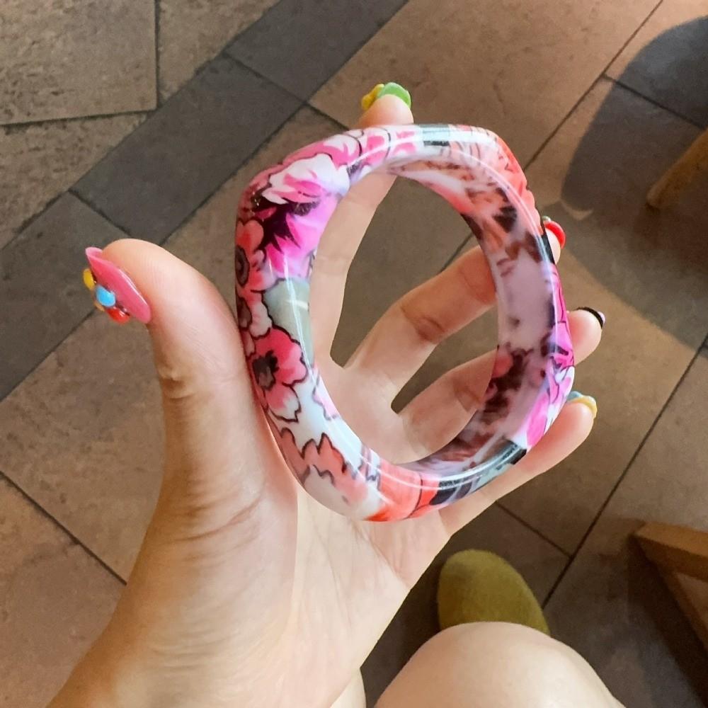 Bohemian Vintage Floral Resin Bangle Minority Design Flower Print Square Chunky Bangle Decoration