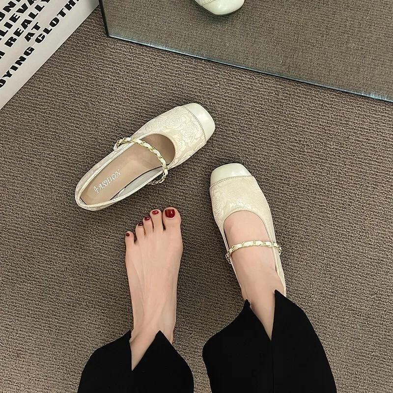 Shoes Woman Flats Shallow Mouth Square Toe Dress Comfortable New Summer Mary Janes Summer Shoes Ladies Female Footwear Square To