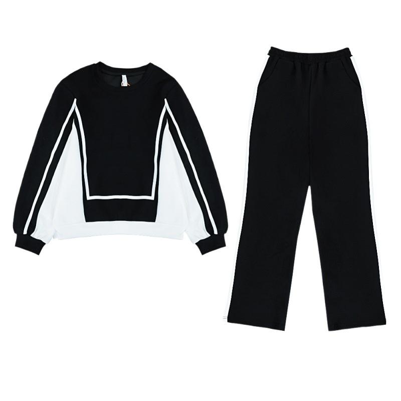 Casual Fashion Suit Plus Size Women's Contrast Color Round Neck Sweater Wide-leg Pants Two-piece Women