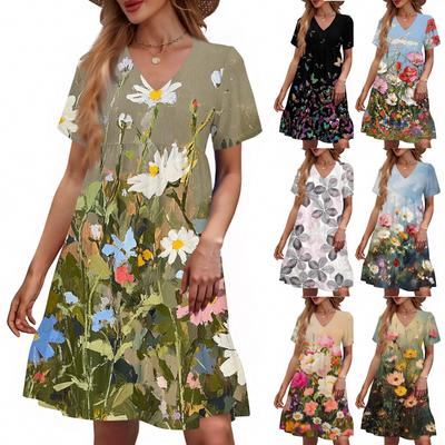 Robe Décontractée Mode Femme Col V Manches Courtes Imprimé Floral
