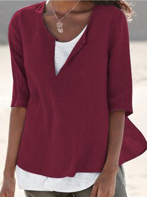 V-neck Solid Color Cotton Linen Plus Size Mid Sleeved Women's Shirt