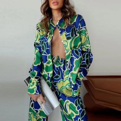 Printed Pajama Set for Women, Retro Loose Long-sleeved Top, Straight Pants Suit, Summer Casual Two-piece Pajamas