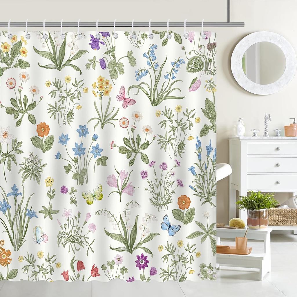 Vintage Floral Shower Curtain Retro Boho Floral Green Plant Bathroom Shower Curtain Flower Waterproof Fabric Bathtub Curtain