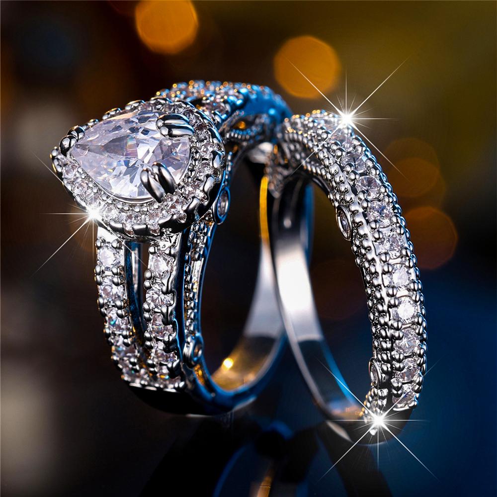 Luxurious 2pcs Set of Elegant Pear White Cubic Zircon Engagement Rings for Women Weddings Jewelry Gifts