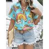 Women's Casual Short-sleeved Button-up Shirt Cartoon Stationery Rainbows Flowers Blue Background Trendy Top Machine Washable