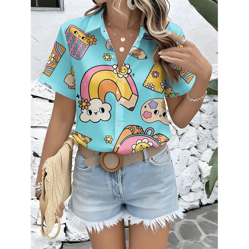 Women's Casual Short-sleeved Button-up Shirt Cartoon Stationery Rainbows Flowers Blue Background Trendy Top Machine Washable