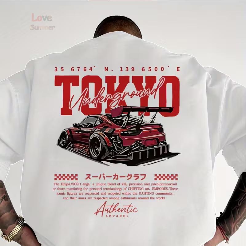 Men's Short Sleeve T-Shirt Printed with Racing Car Pattern and English Graphics  Loose Fit Fashion Casual Crew Neck Top Spring Summer Outdoor Clothing