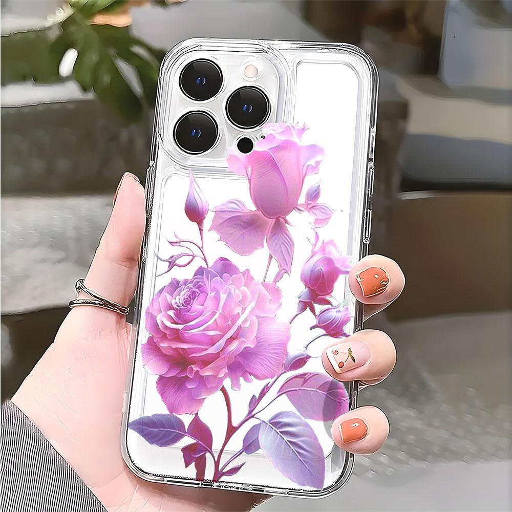 Purple Pink Roses Lucency Phone Case for IPhone 14 15 16 13 12 11 17 Pro Max 12 13 Mini Soft Cover