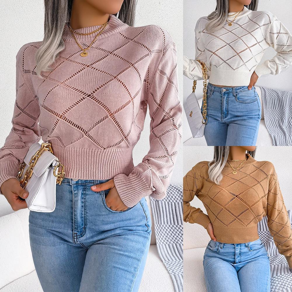 Autumn and Winter Hollow Plaid Long-sleeved Navel-baring Knitted Sweater
