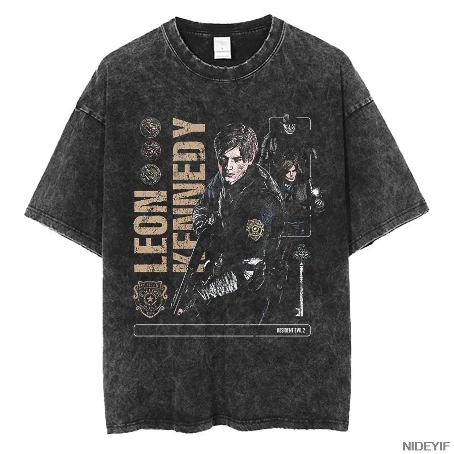 90. léta Resident Evil Biohazard Leon Kennedy Oversized Tričko 100% Bavlna Vintage Prané Tričko pro Muže Ženy