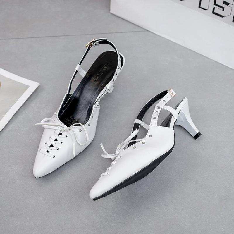 Pointed Toe Sandals Women's 2024 Spring/Summer New Versatile Thin Middle Heel Bow Muller Shoes Lace Up Slingback Sandals