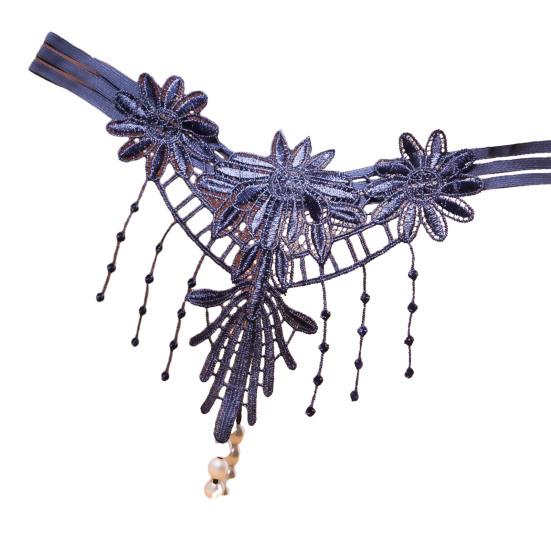 Women G-string Flower Embroidery Tassel Solid Color Hollow Out Faux Pearl Decor Spaghetti