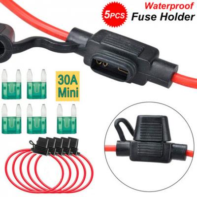 5pcs Car Boat Inline ATM Mini Blade Fuse Holder Splash Proof 30A Fuses 12Gauge