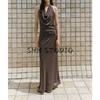 Autumn New Women clothes Hanging Collar Bowknot Decoration Backless Metal Color Thread Long Dress 2180237