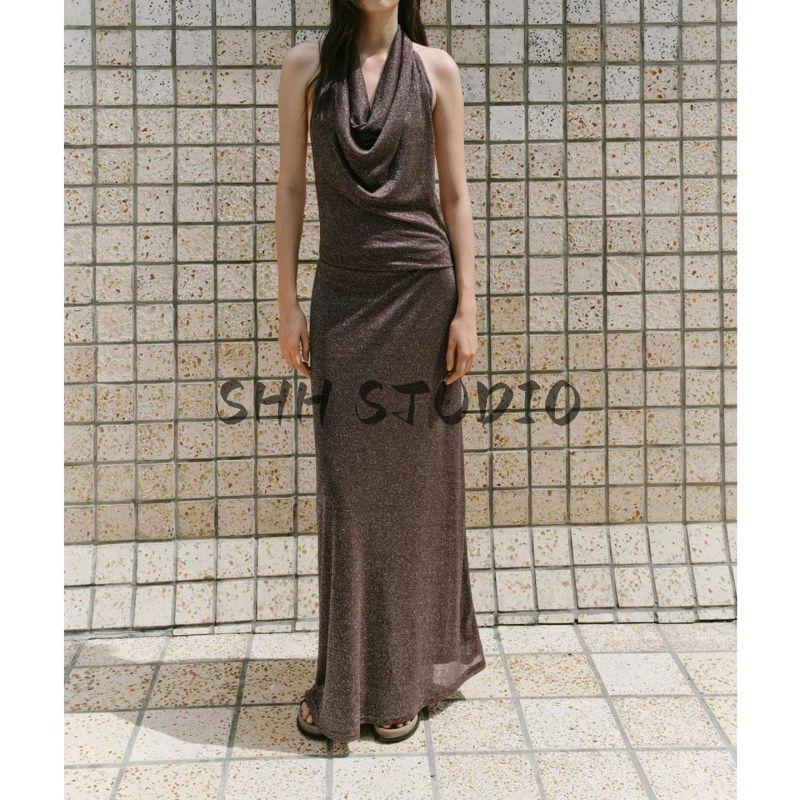 Autumn New Women clothes Hanging Collar Bowknot Decoration Backless Metal Color Thread Long Dress 2180237