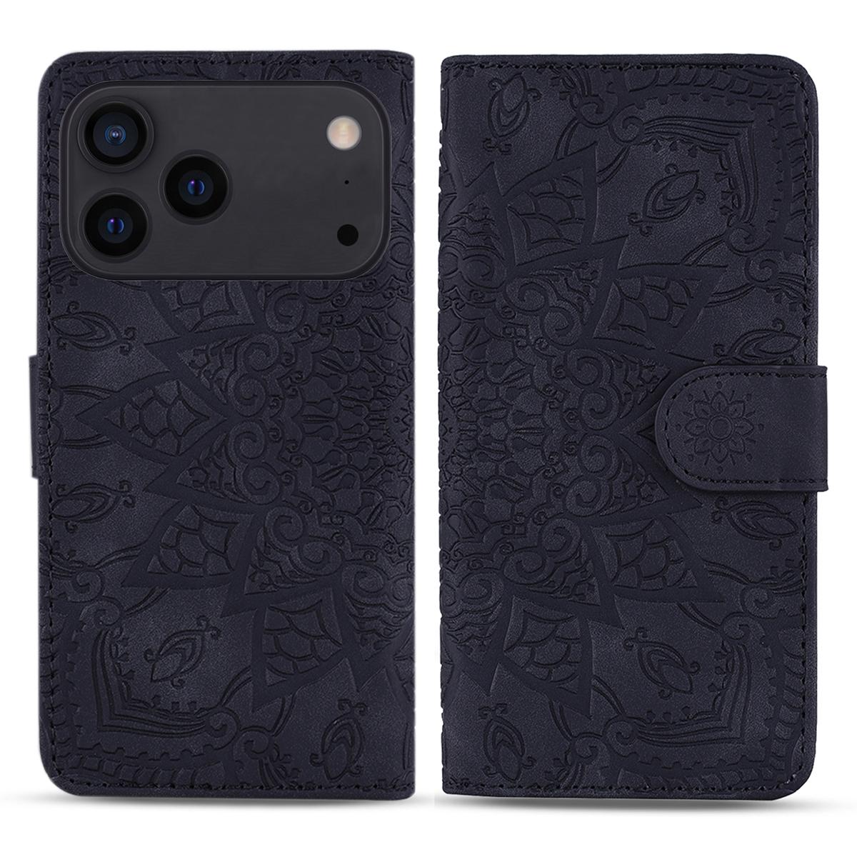 

For iPhone 17 Pro Max Case Flower Imprinted PU Leather Wallet Flip Phone Cover with Wrist Strap Black
