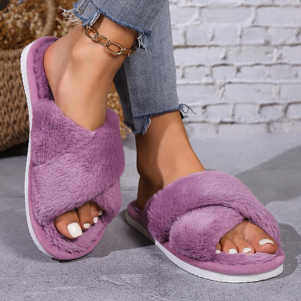 Cross Opening Spring and Autumn Home Anti Slip Flat Bottomed Couple Style Fashionable and Simple Open Toed Hairy Slippers