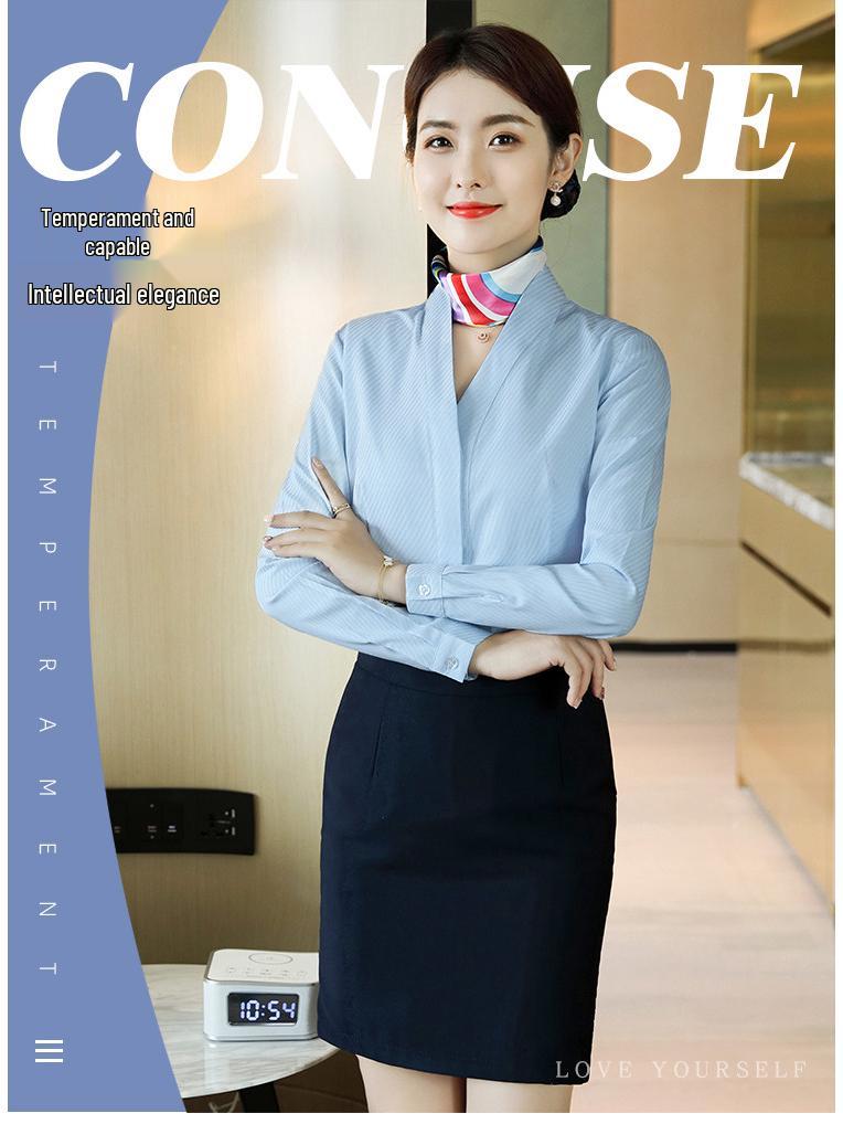 Women's White V-neck Professional Flight Attendant Shirt: Interview and Workwear Suit for Airline and Hotel Staff