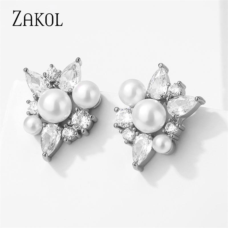 ZAKOL Korean Flower Shape Imitation Pearl Stud Earrings for Women Fashion Geometry White Zircon Earring Wedding Jewelry