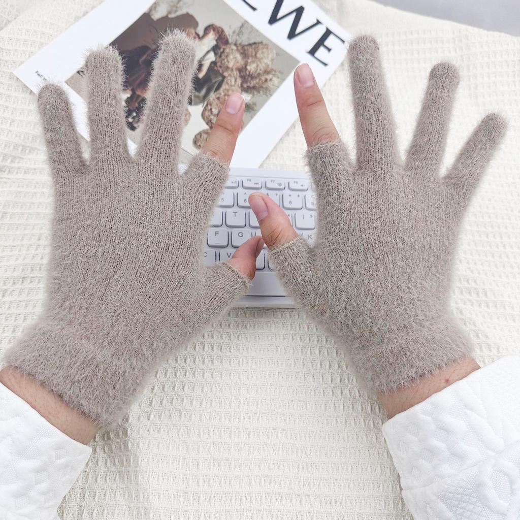 Winter Two Finger Touchscreen Gloves Jacquard Plush Warm Knit Thick Student Half Finger Mittens