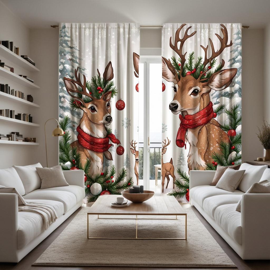 2pcs set HD Christmas White Snowflake reindeer decorative curtain White tie digital printed curtain Home Decoration style Dec