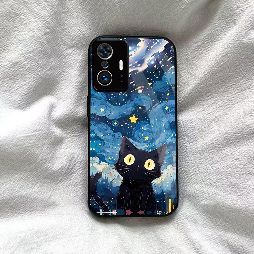 Case for Xiaomi 11T Pro Anime Black Cat Starry Cloud Print Phone Cover Acrylic Hard Back Shell With Flexible TPU Edge