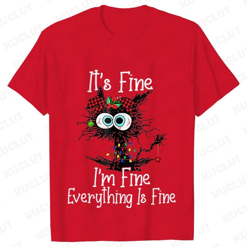 

Its Fine Im Fine Everything Is Fine Black Cat Tshirts Women Sweetshirts Christmas Lights Merry Christmas Harajuku Tee Y2k Tops S