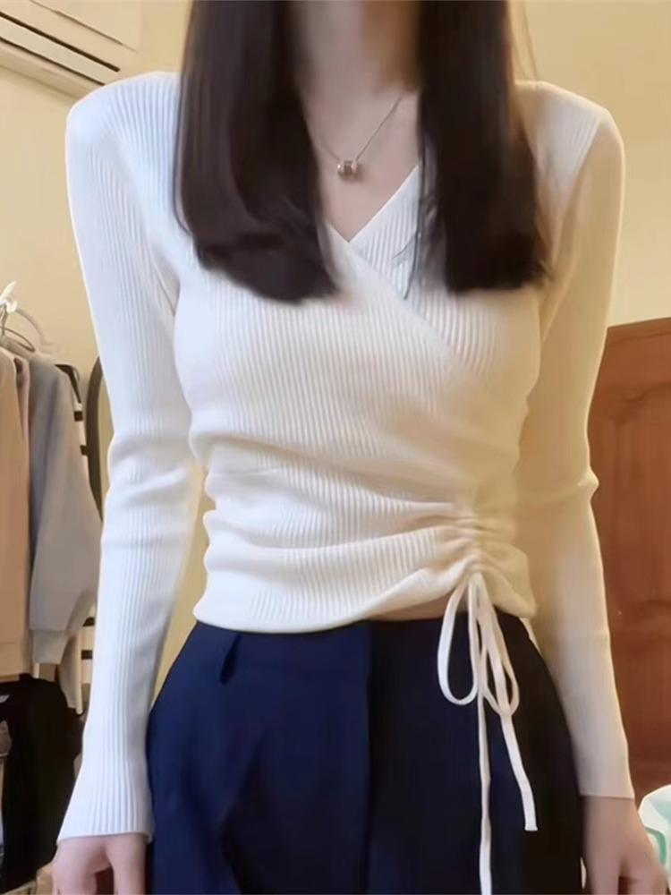 

Women s V-Neck Long-Sleeve White Sweater - 2024 Spring & Autumn Short Design L белый