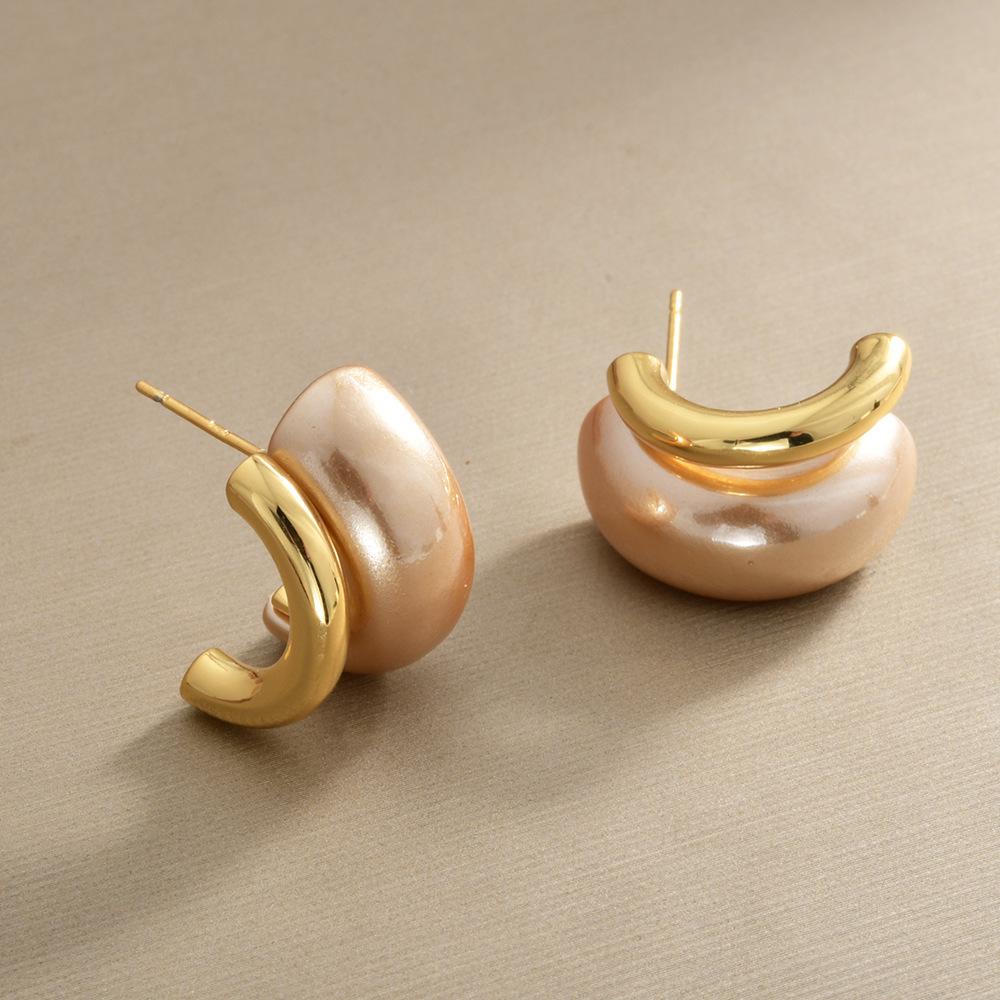 French Light Luxury Double Layer C-Shape Stud Earrings Geometric Pearl Textured Hoop Earrings for Women