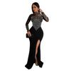 Women's European & American Fashion Slit Long Dress with Mesh and Hot Drilling Design
