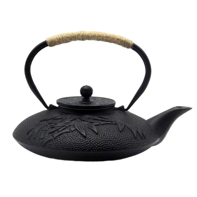 European Style Enamel Cast Iron Teapot with Flat Bamboo Design