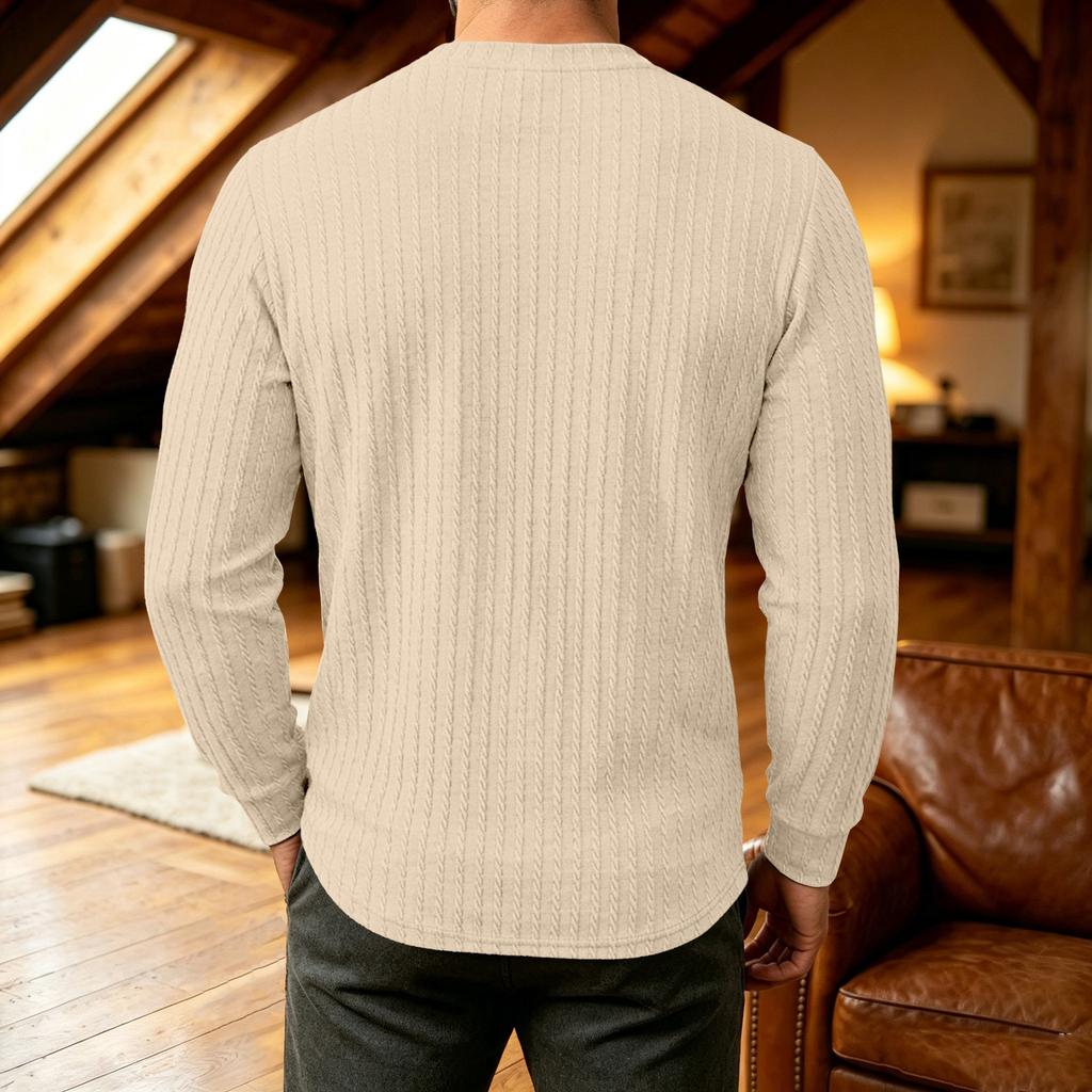 Herren Langarm Henley Shirt, Zopfmuster Gerippt Gestrickt Knopfleiste Lässig Rundhals Tägliches Herbst Winter Oberteil