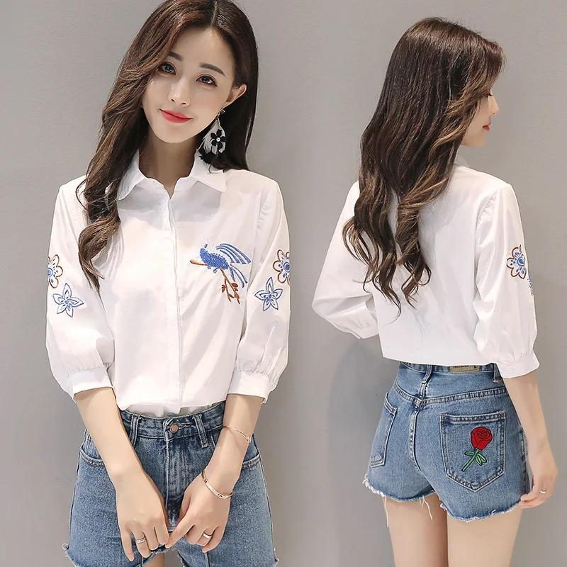 Everything Embroidered Summer Five Point Sleeve Shirt Literary Women Temperament Lapel Casual