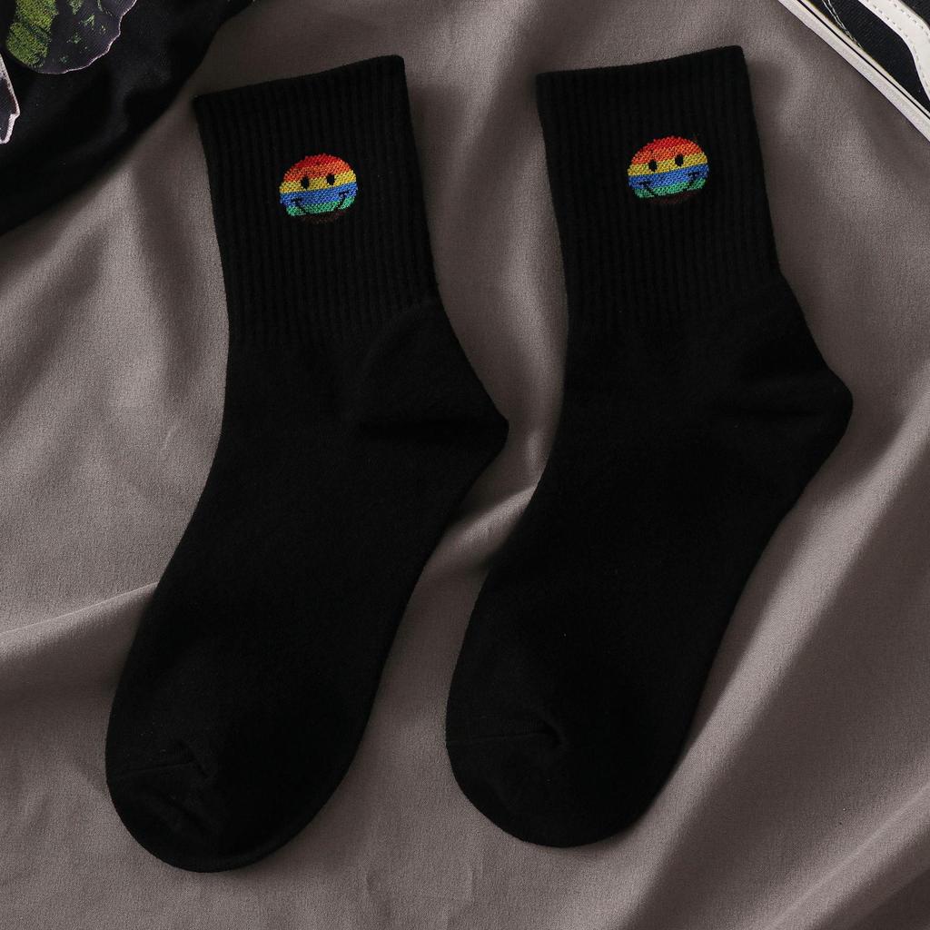 Women's Korean Trendy Cartoon Long Sports Socks - Black & White, Mid-Tube, Autumn/Winter, All-Match.