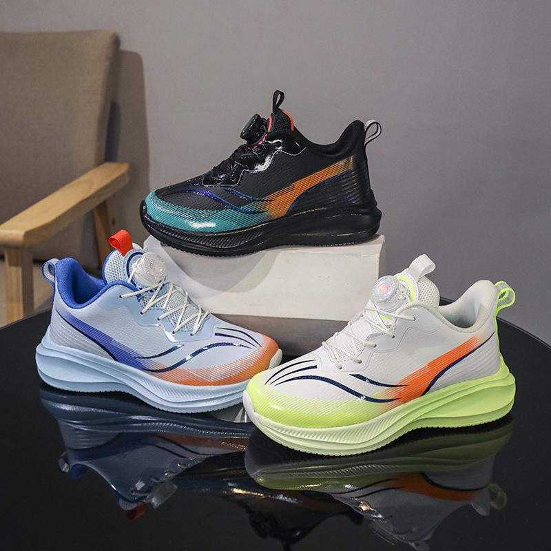 Red Rabbit Rotating Button Classmate Leather Surface Waterproof Middle and Older Children Student Running Shoes Shock Absorption Lightweight Sneakers 