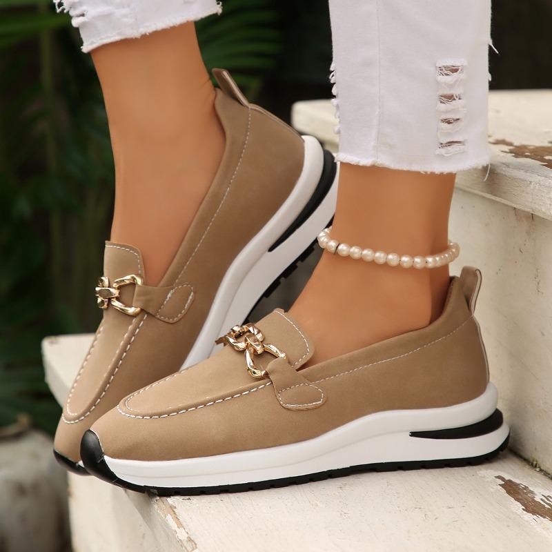 Fashion Plus Size Single Shoes Women's Autumn New Round Toe Deep Mouth Metal Chain Flat Platform Casual Non-slip Loafers