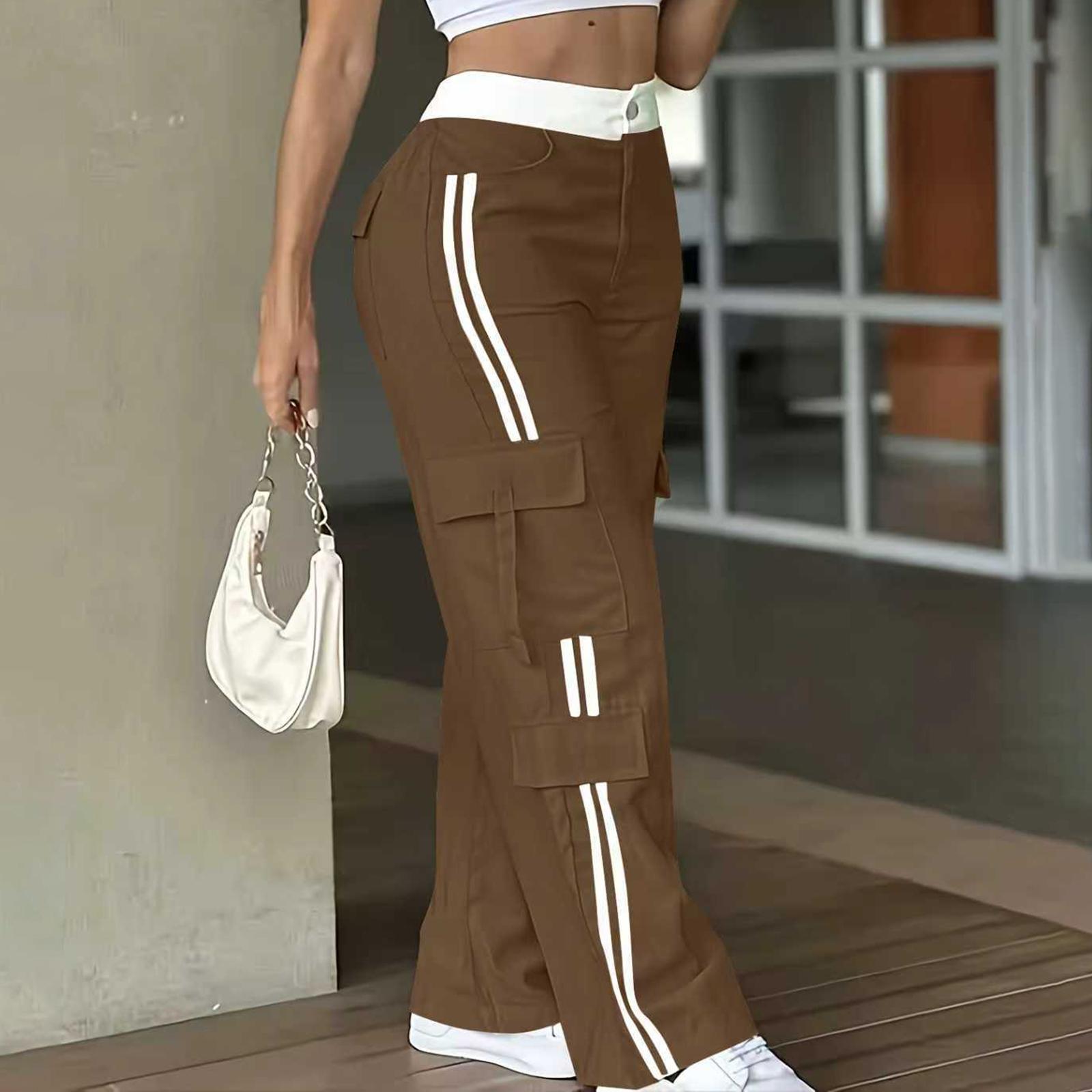

Ladies Fashionable Side Striped Straight Leg Pants With Elastic Waist Pocket, Casual Sports Pants XXL коричневый