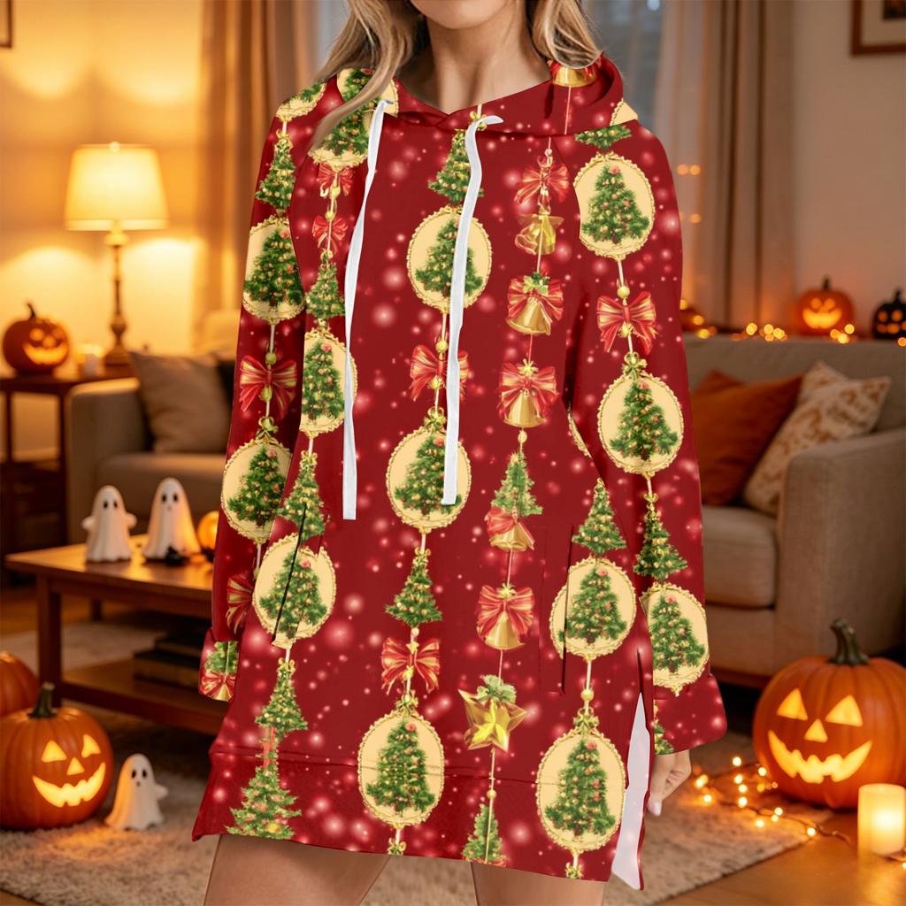 Women's Christmas Print Long Sleeve Hooded Sweatshirt with Festive Holiday Design