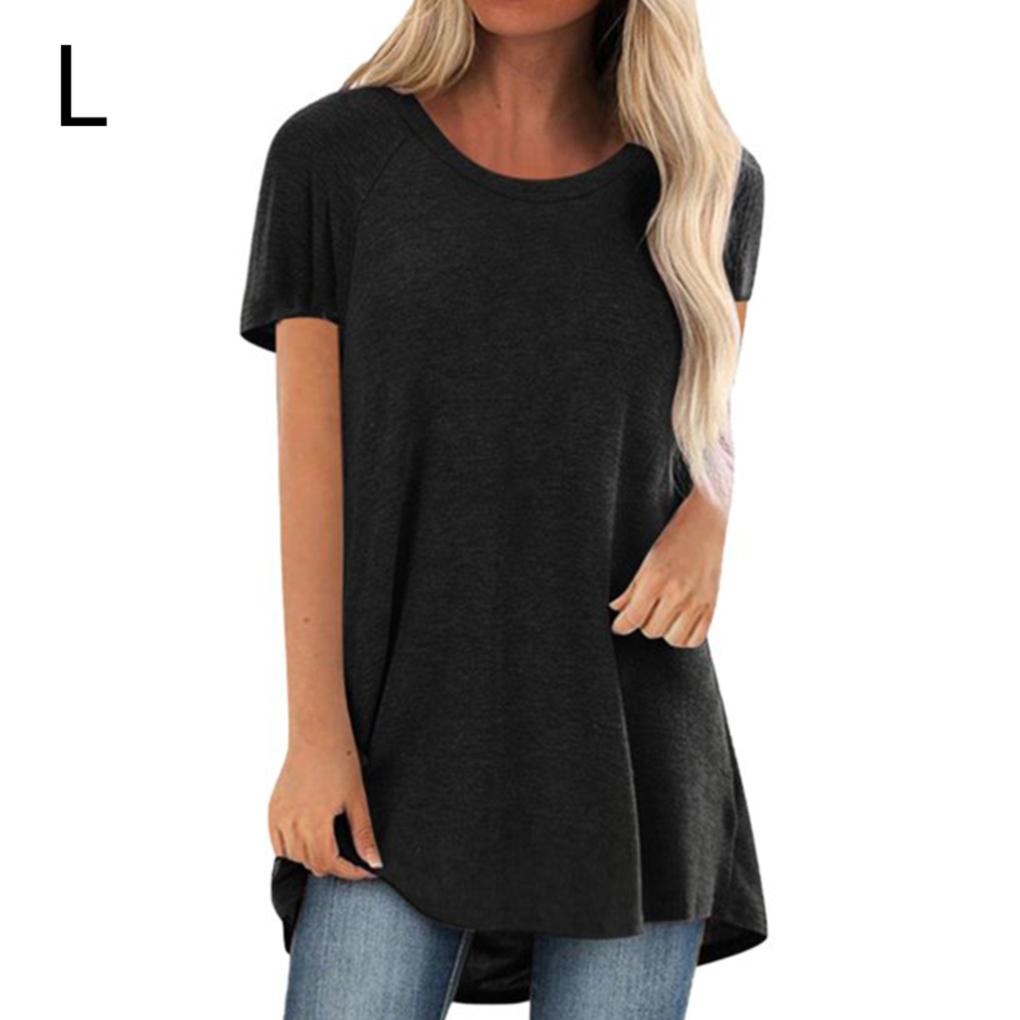 Women T-shirt Round Neck Short Sleeve Top Solid Color Casual T Shirt