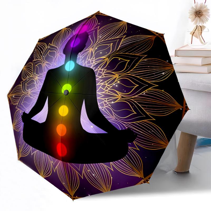 Chakra Balance Mandala Automatischer Regenschirm Kompakt 8-Rippen-Design Leicht Ganzjahres-Reise-Outdoor-Zubehör Perfektes Geschenk für Frauen Männer