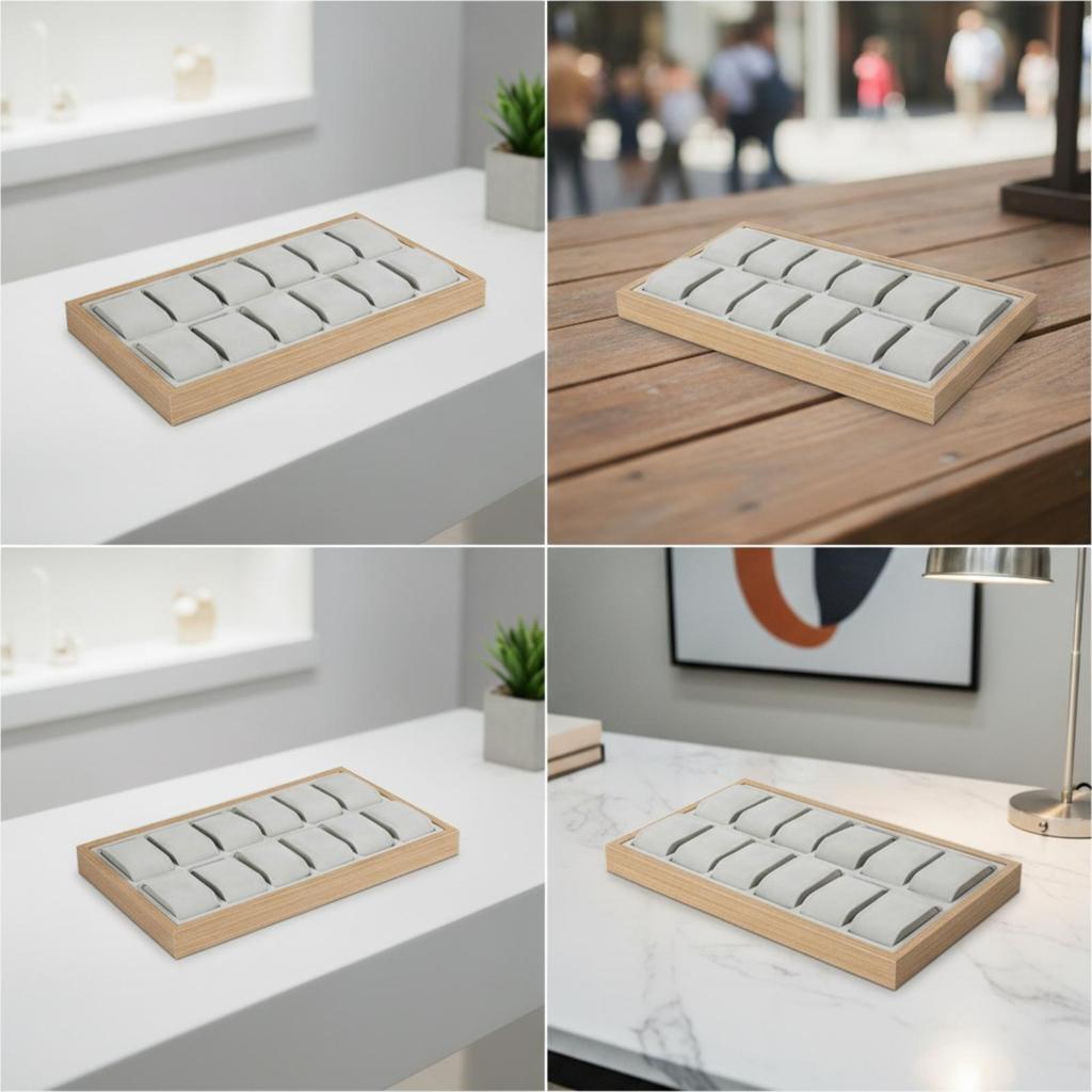 Vassoio per Orologi con 12 Scomparti Finitura Legno per Esposizione per Rivenditori, Collezionisti, Bancone,